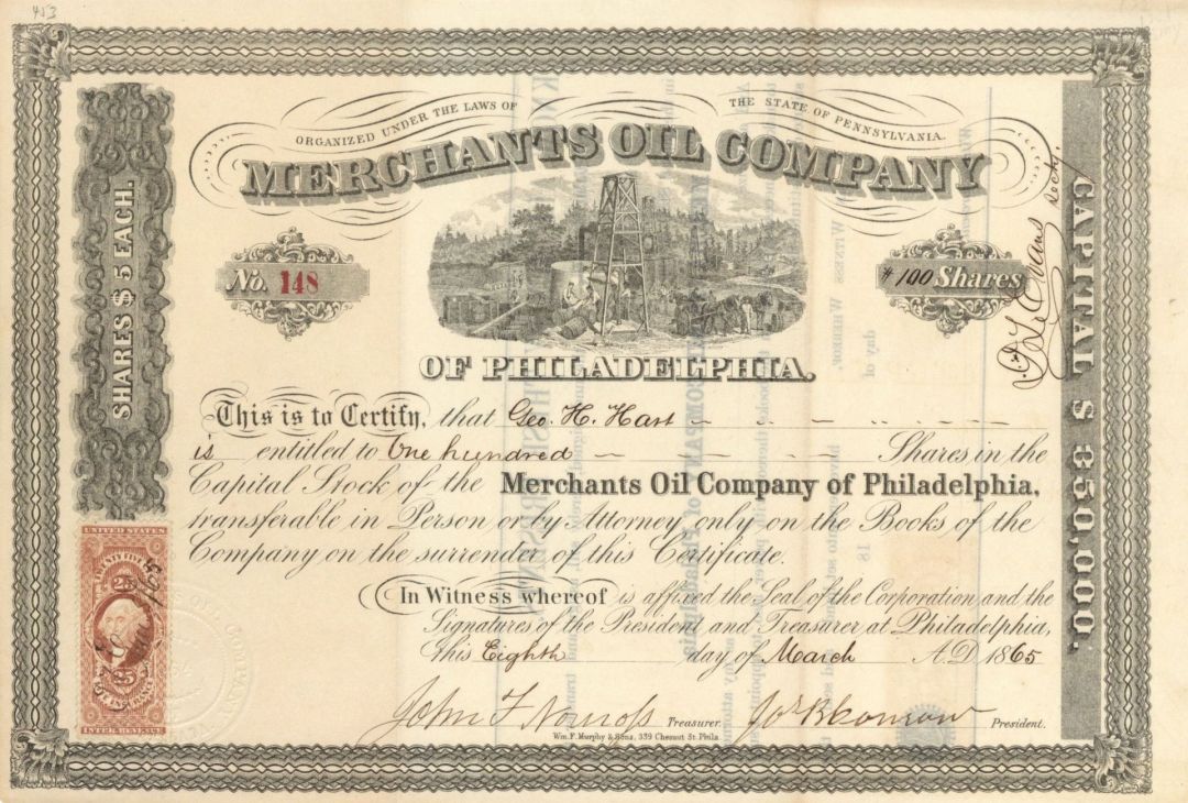 Merchants Oil Co. of Philadelphia - 1865 dated Stock Certificate