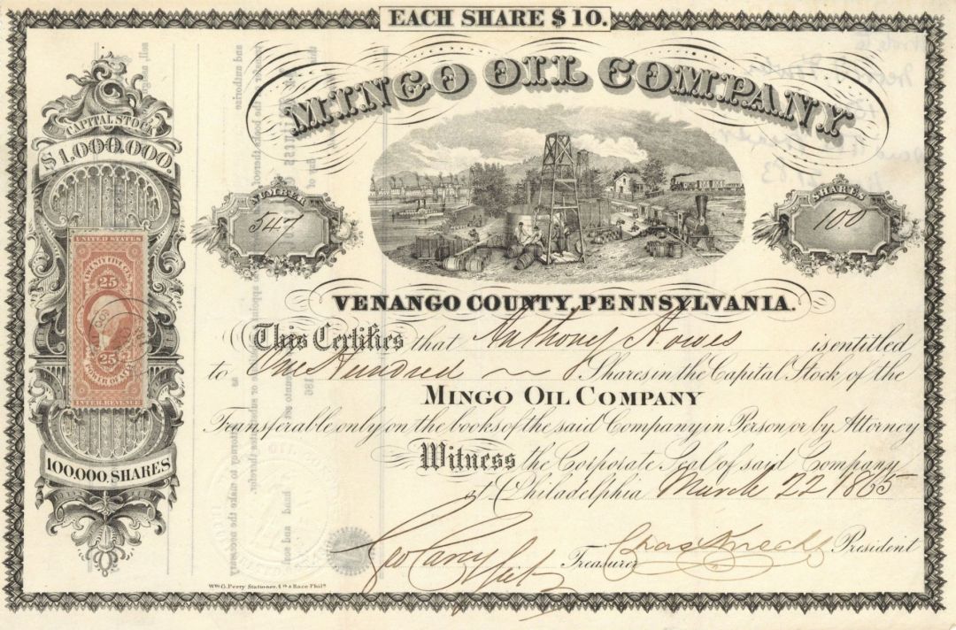 Mingo Oil Co. - 1865 dated Stock Certificate