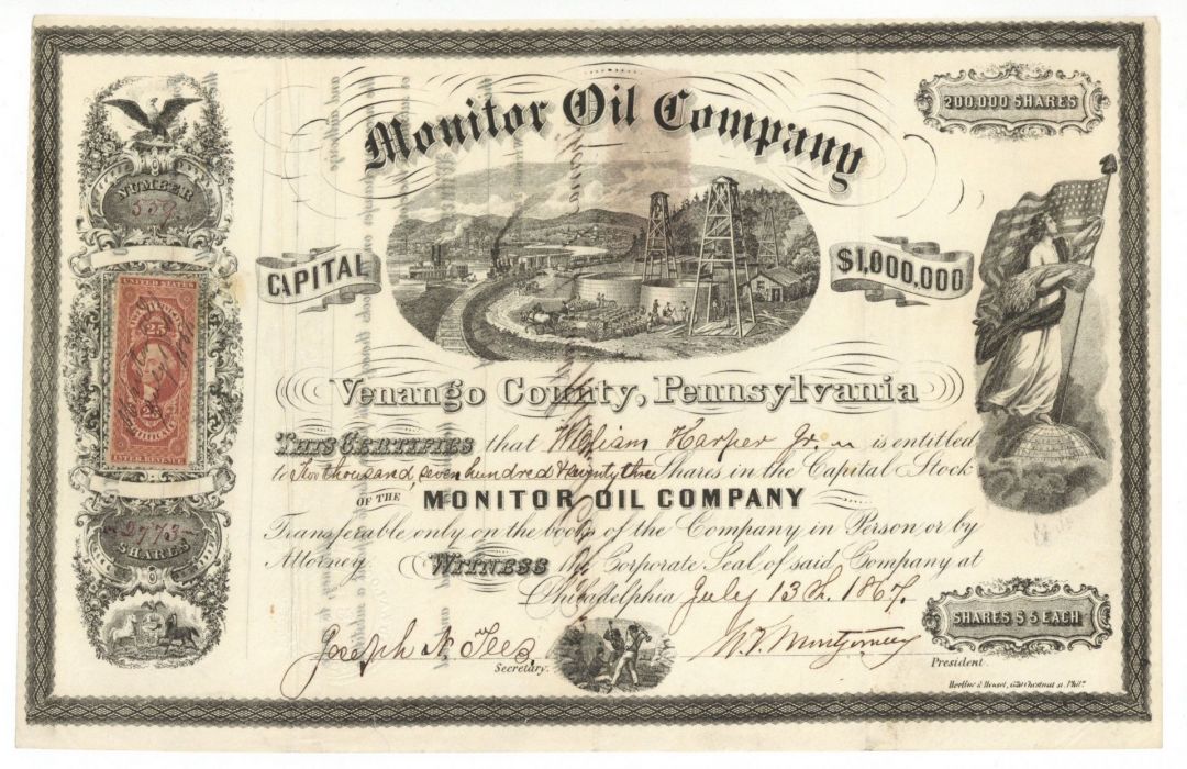 Monitor Oil Co. - 1867 dated Stock Certificate