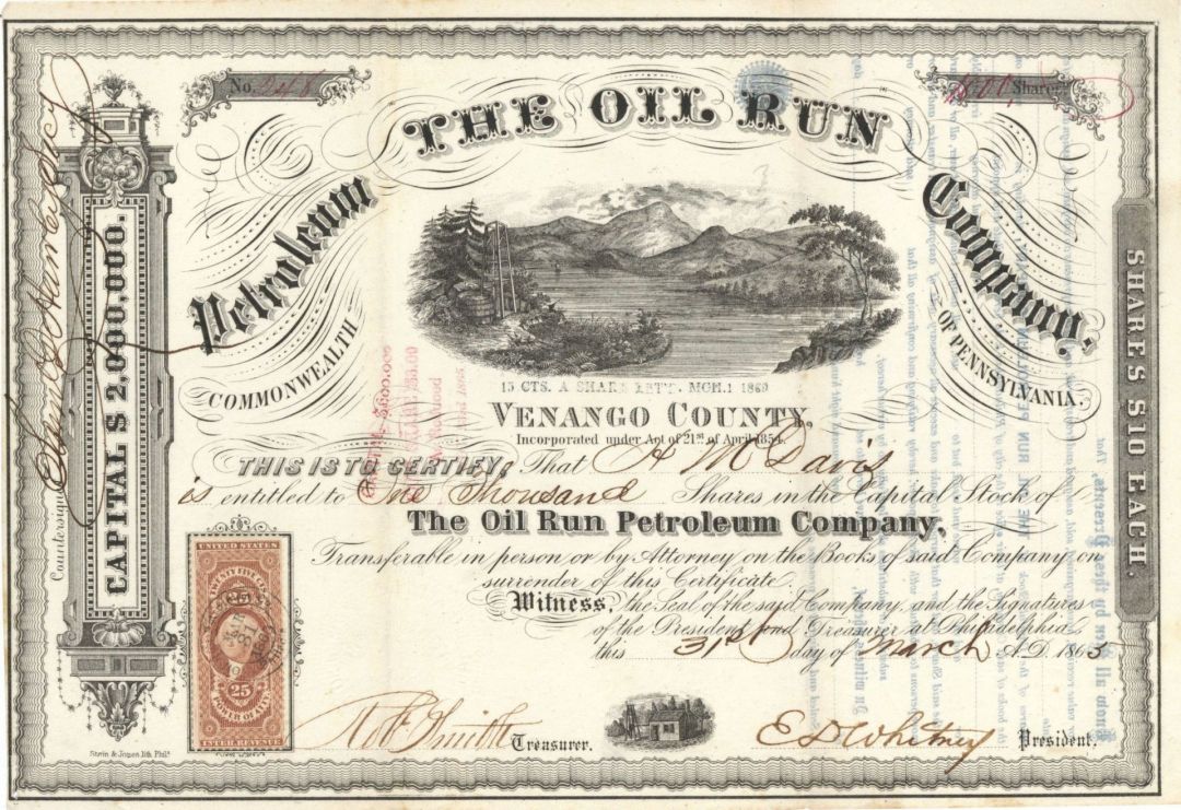 Oil Run Petroleum Co. - 1865 dated Stock Certificate