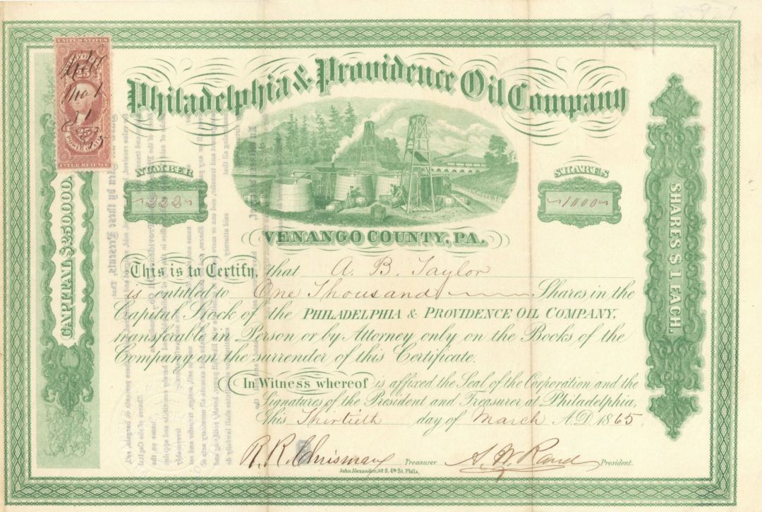 Philadelphia and Providence Oil Co. - 1865 dated Stock Certificate