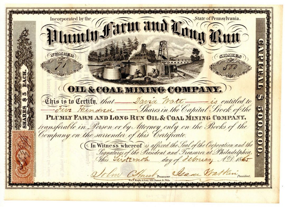 Plumly Farm and Long Run Oil and Coal Mining Co. - 1865 dated Pennsylvania Oil Stock Certificate