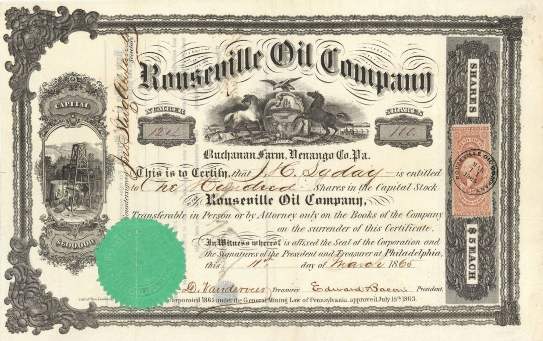 Rouseville Oil Co. - 1865 dated Stock Certificate