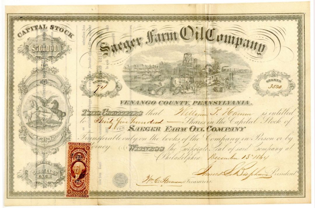 Saeger Farm Oil Co. - 1864 dated Stock Certificate