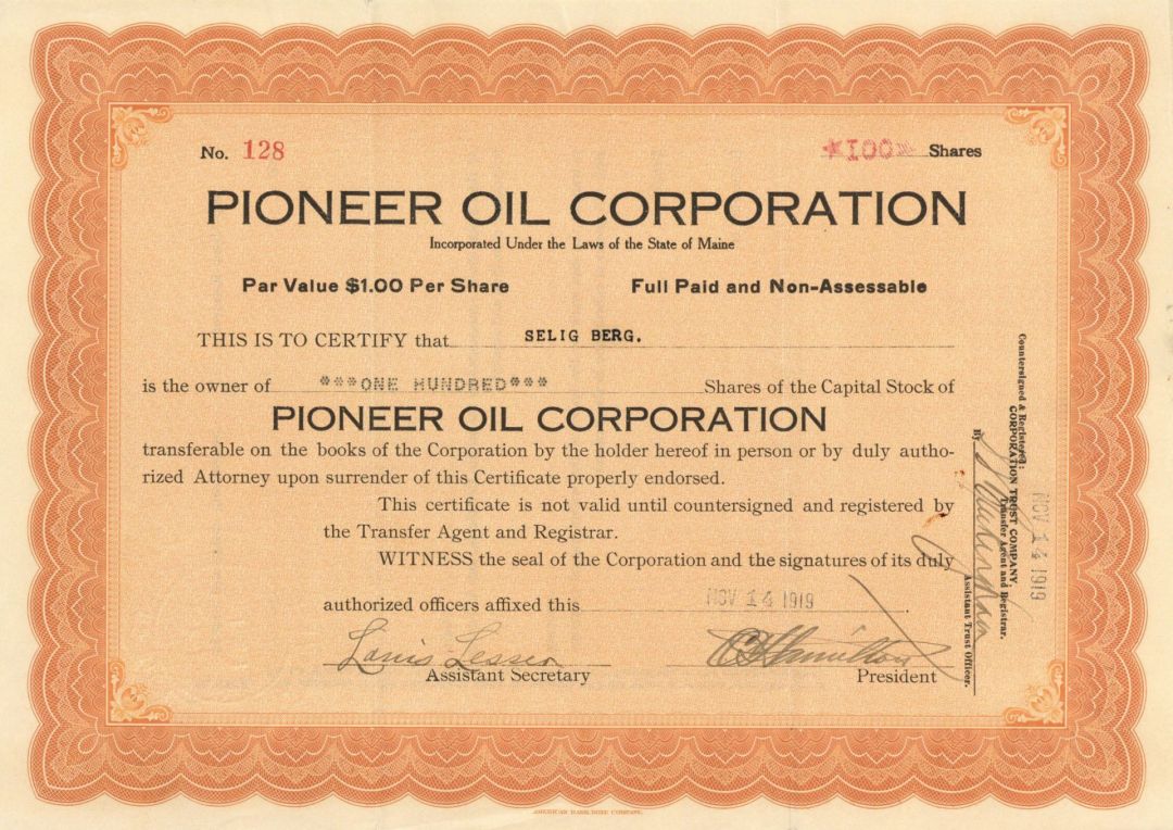 Pioneer Oil Corp. - Stock Certificate