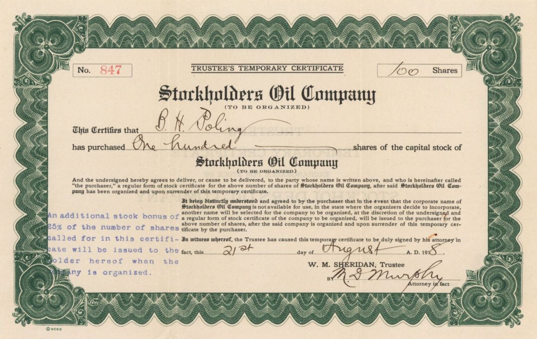 Stockholders Oil Co. - Stock Certificate