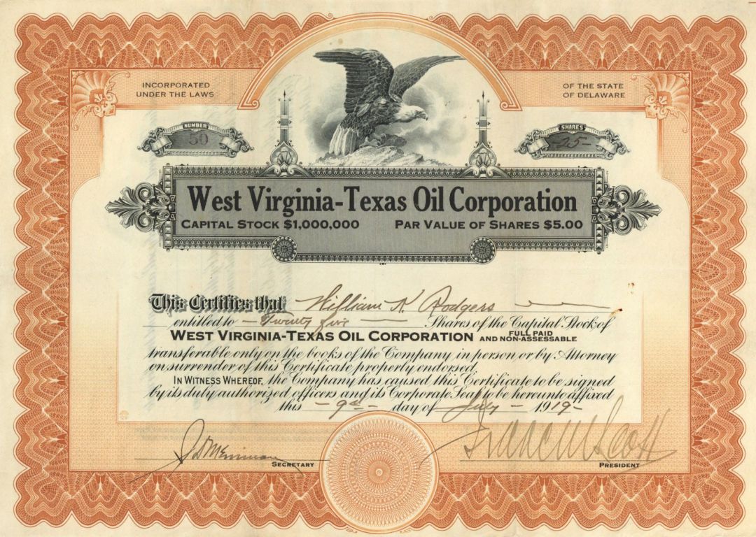 West Virginia-Texas Oil Corp. - 1919 dated Stock Certificate