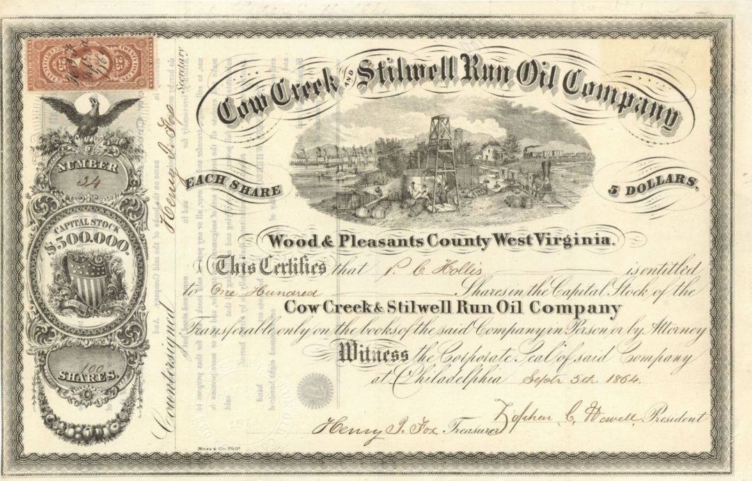 Cow Creek and Stilwell Run Oil Co. - Stock Certificate