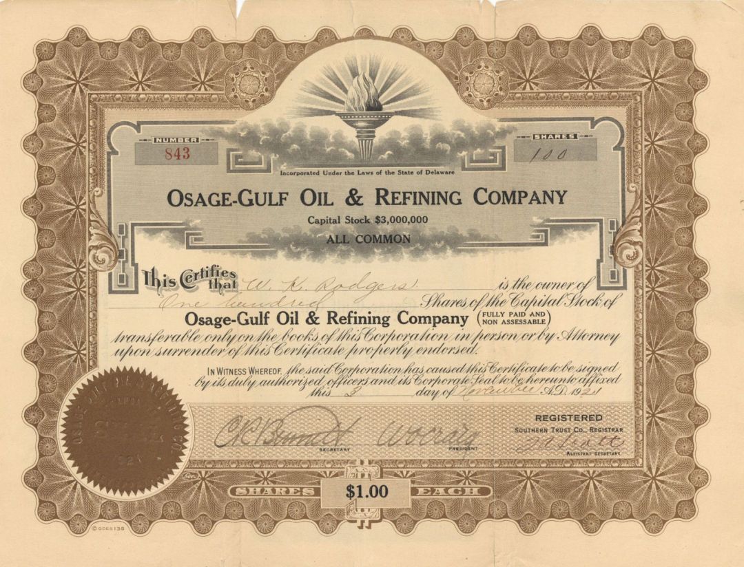 Osage-Gulf Oil and Refining Co. - 1921 dated Stock Certificate