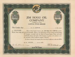 Jim Hogg Oil Co. - Stock Certificate