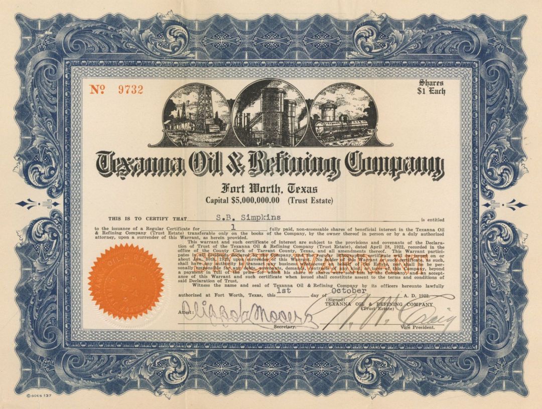Texanna Oil and Refining Co. - Stock Certificate