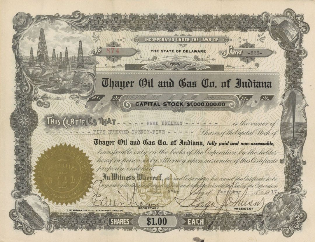 Thayer Oil and Gas Co. of Indiana - Stock Certificate