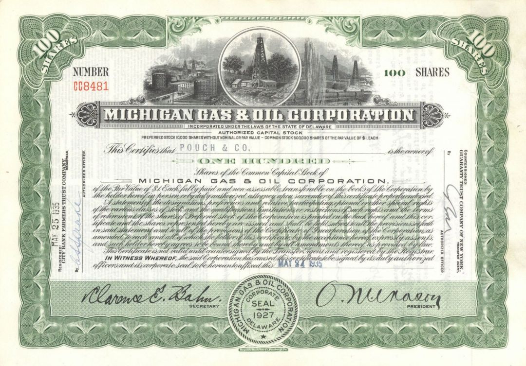 Michigan Gas and Oil Corp. - 1935-1941 dated Stock Certificate