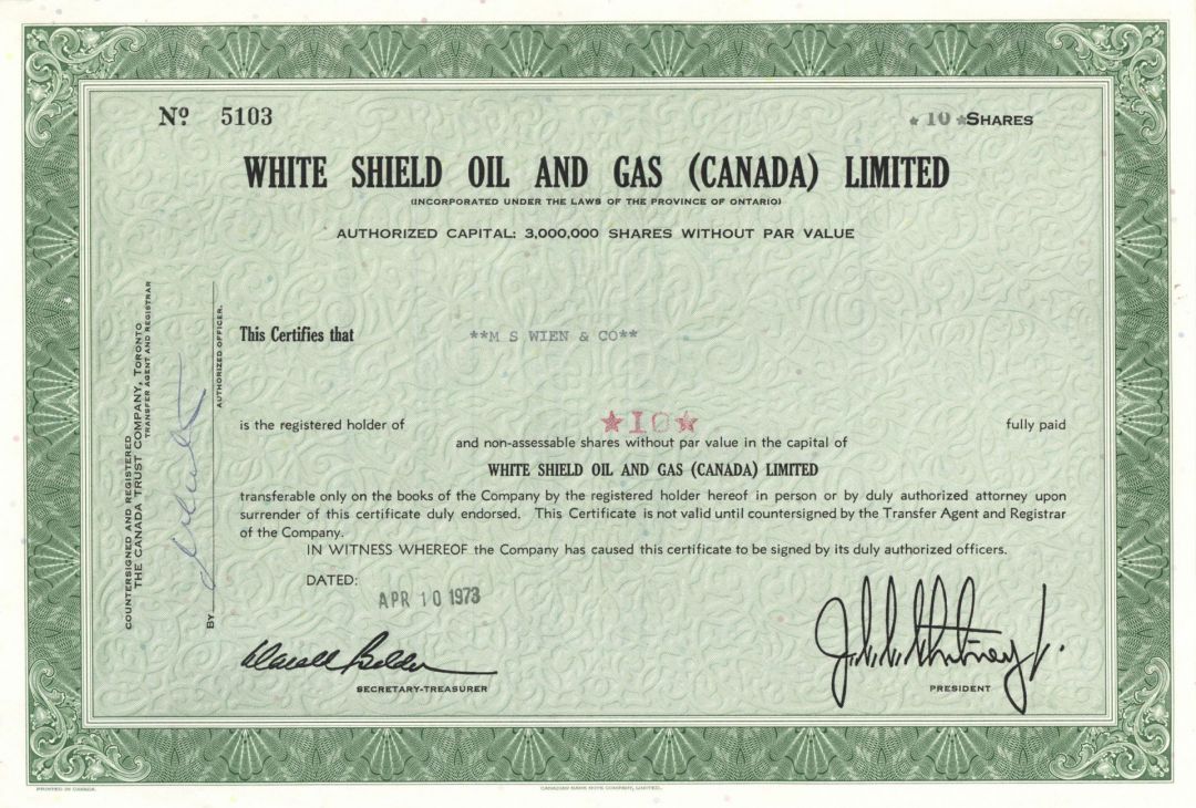 White Shield Oil and Gas (Canada) Limited - 1973 dated Canadian Stock Certificate