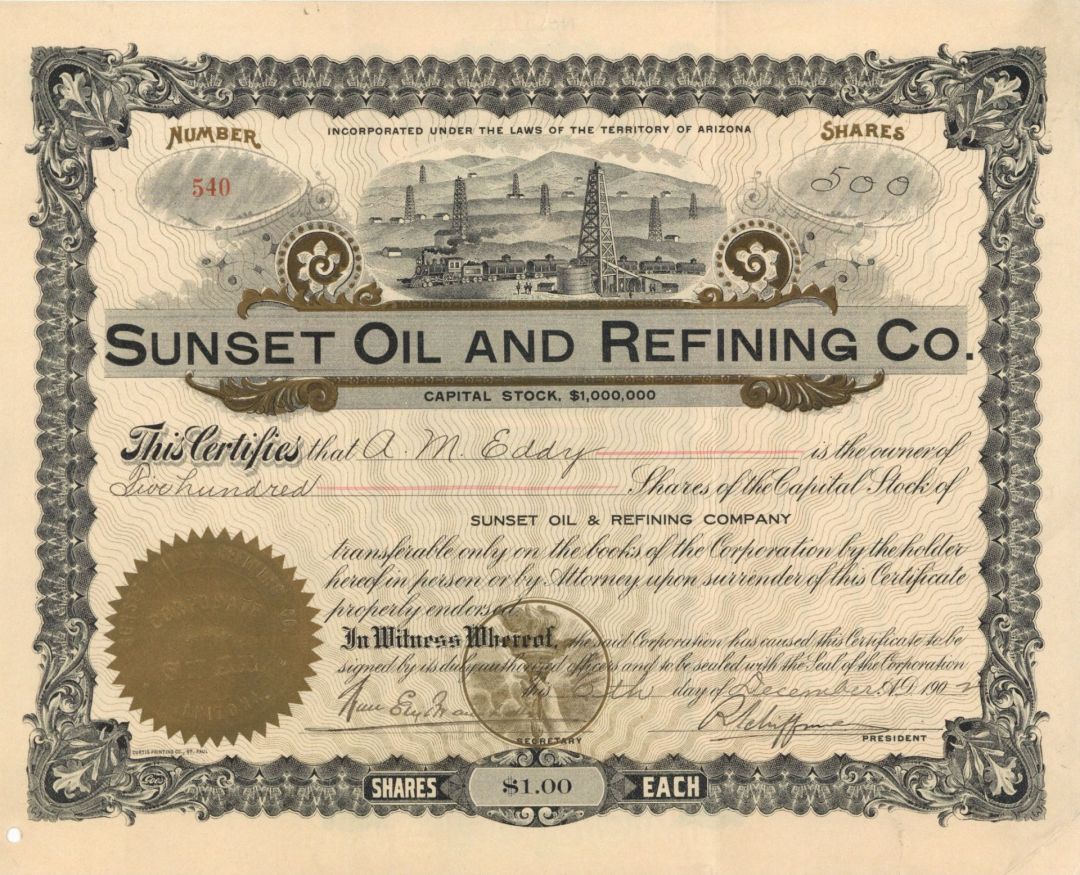 Sunset Oil and Refining Co. - 1902 or 1903 Oil Stock Certificate