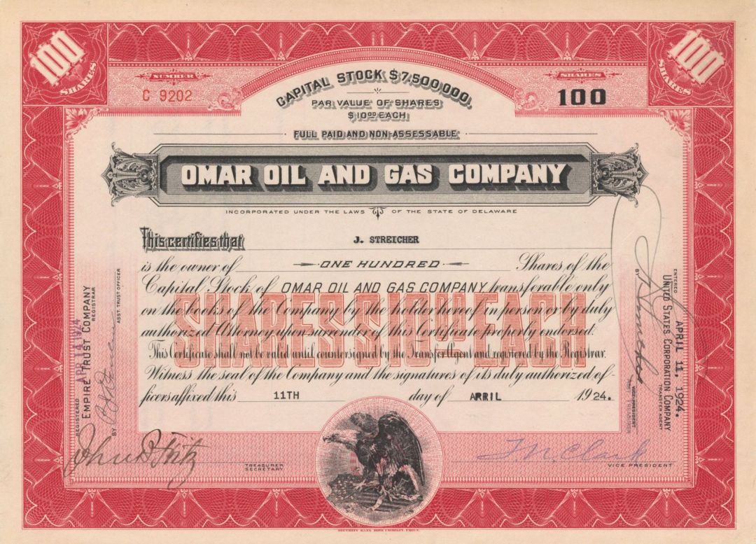 Omar Oil and Gas Co. - 1924 dated Stock Certificate - Petroleum Industry