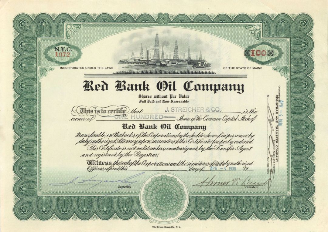 Red Bank Oil Co. - 1930's dated Maine Oil Stock Certificate