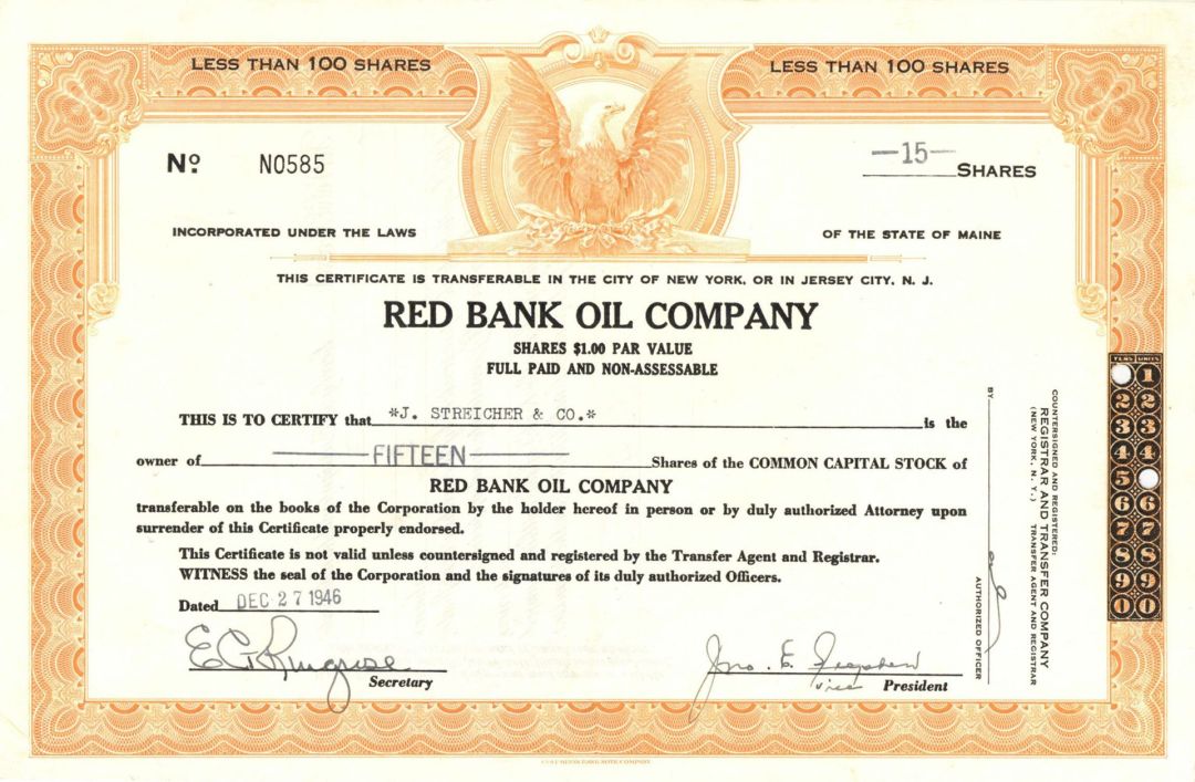 Red Bank Oil Co. - 1946-47 dated Stock Certificate