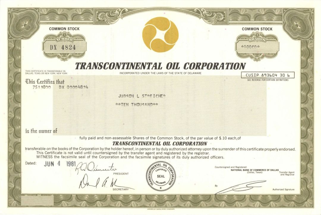 Transcontinental Oil Corp. - 1981 dated Stock Certificate - Connections with Ohio Oil and Marathon Petroleum