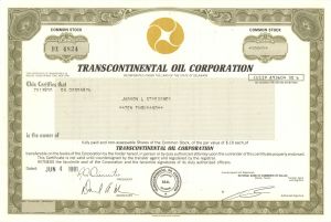 Transcontinental Oil Corp. - 1981 dated Stock Certificate - Connections with Ohio Oil and Marathon Petroleum