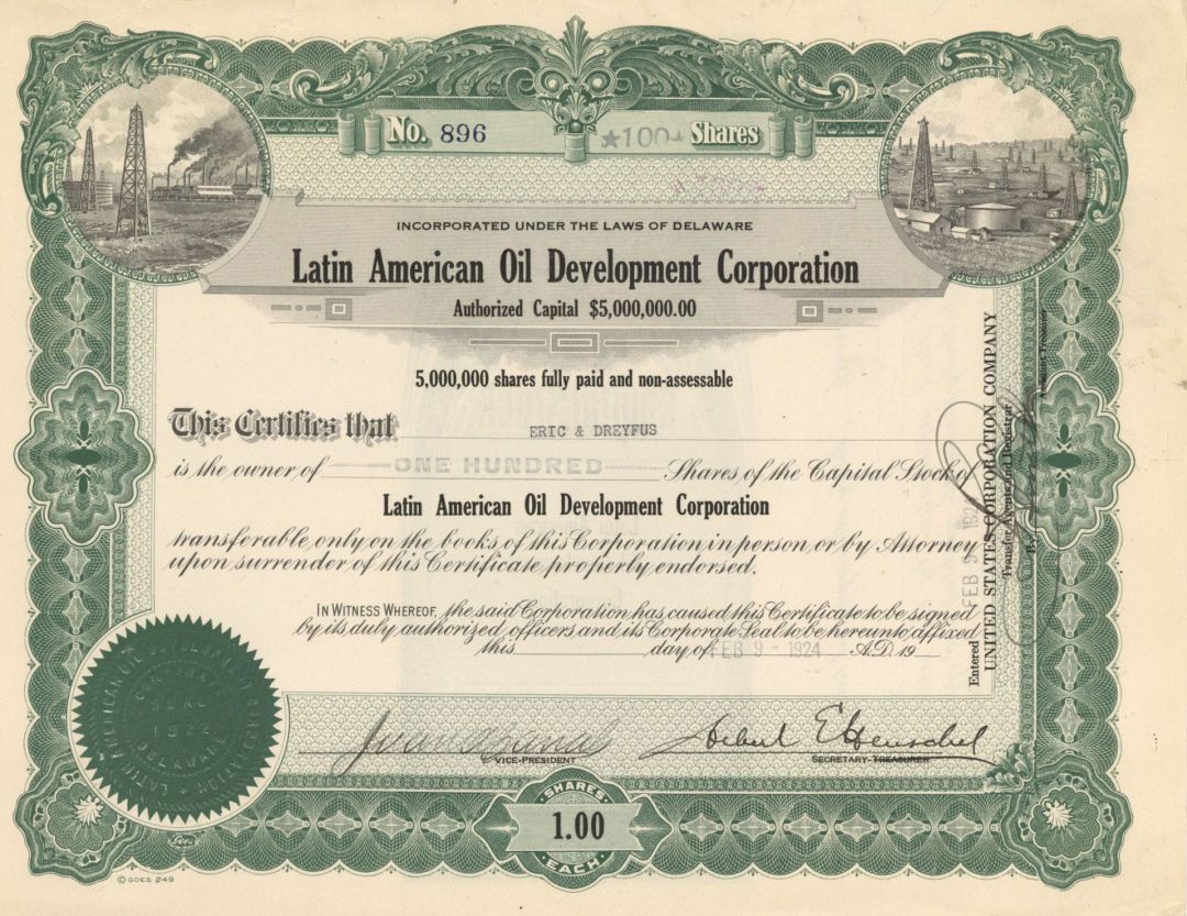Latin American Oil Development Corp. - 1924 dated Oil Stock Certificate - May Have Connections with Chevron