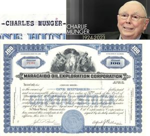 1964 dated Charles "Charlie" Munger issued to Maracaibo Oil Exploration Corp. - 18 Pieces Found - Extremely Rare Oil Stock Certificate - Newly Discovered