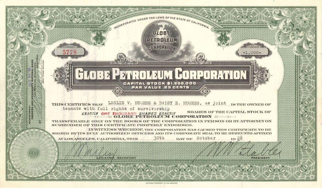 Globe Petroleum Corp. - 1928 dated Stock Certificate