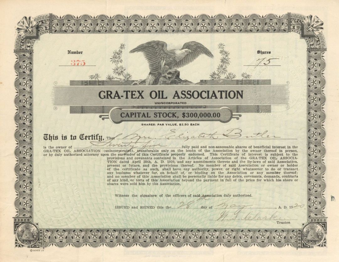 Gra-Tex Oil Assoc. - 1920 dated Stock Certificate