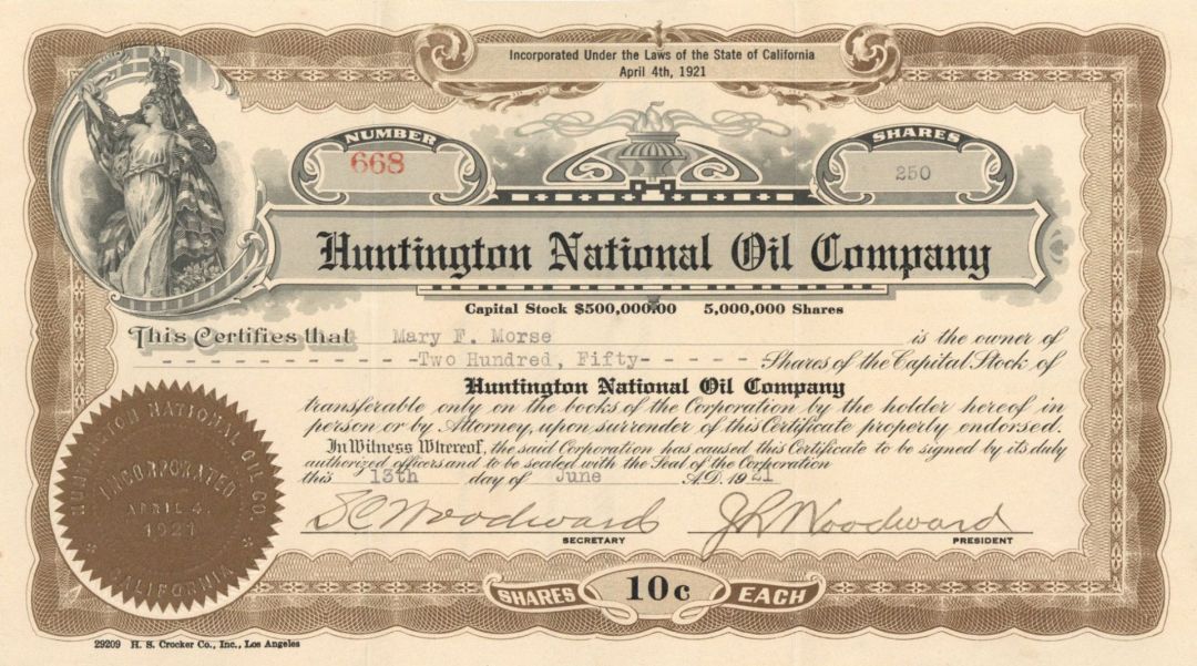 Huntington National Oil Co. - 1921 dated Stock Certificate