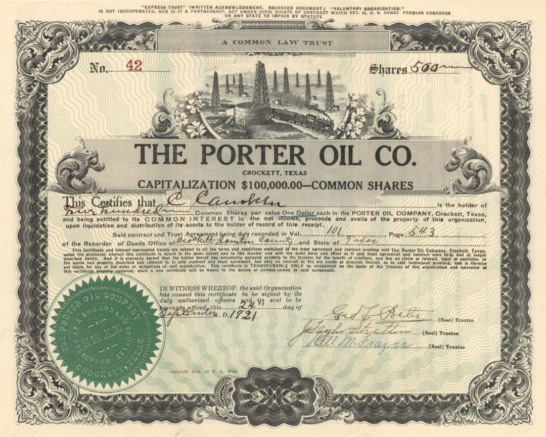 Porter Oil Co. - 1921, 1922 or 1923 dated Stock Certificate