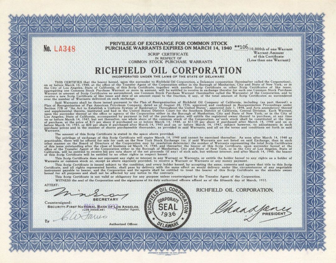 Richfield Oil Corp. - 1937 dated Stock Certificate