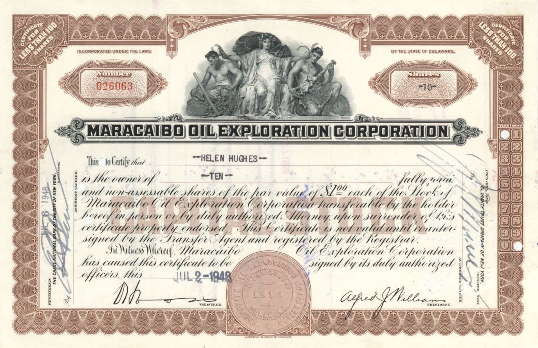 Maracaibo Oil Exploration Corp. - 1940's-60's dated Oil Stock Certificate - Maracaibo Basin in Venezuala
