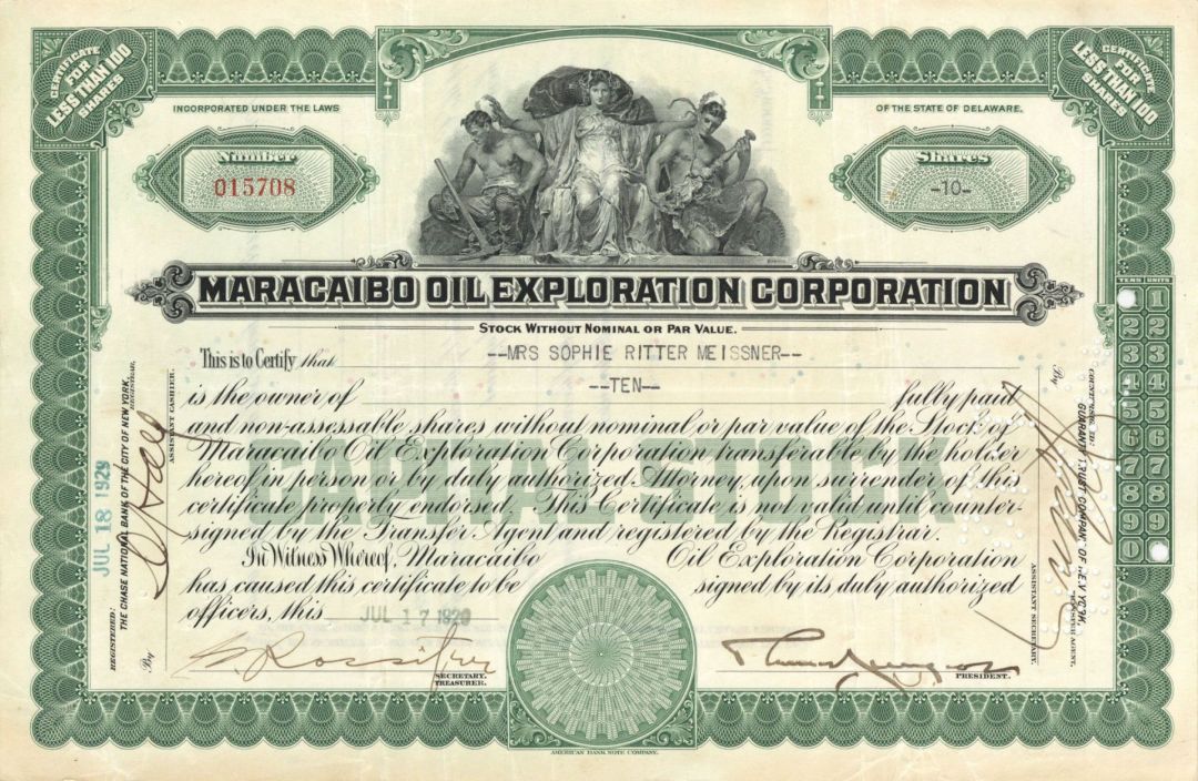 Maracaibo Oil Exploration Corp. - dated 1920's-30's Oil Stock Certificate - Maracaibo Basin in Venezuala