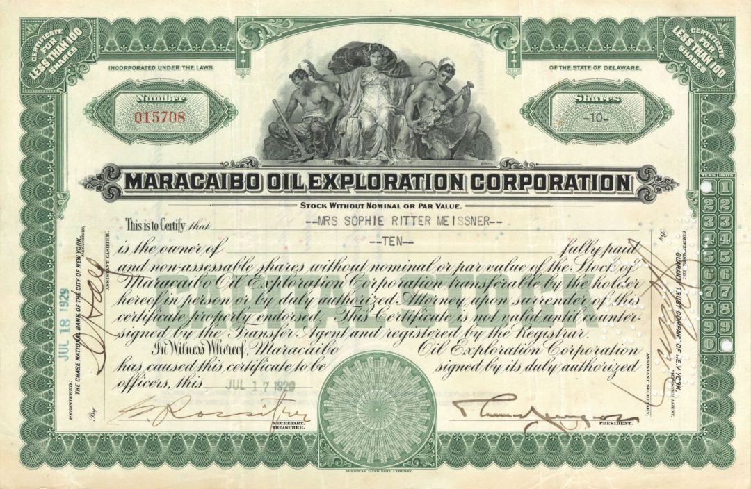 Maracaibo Oil Exploration Corp. - 1920's-30's dated Oil Stock Certificate - Maracaibo Basin in Venezuala