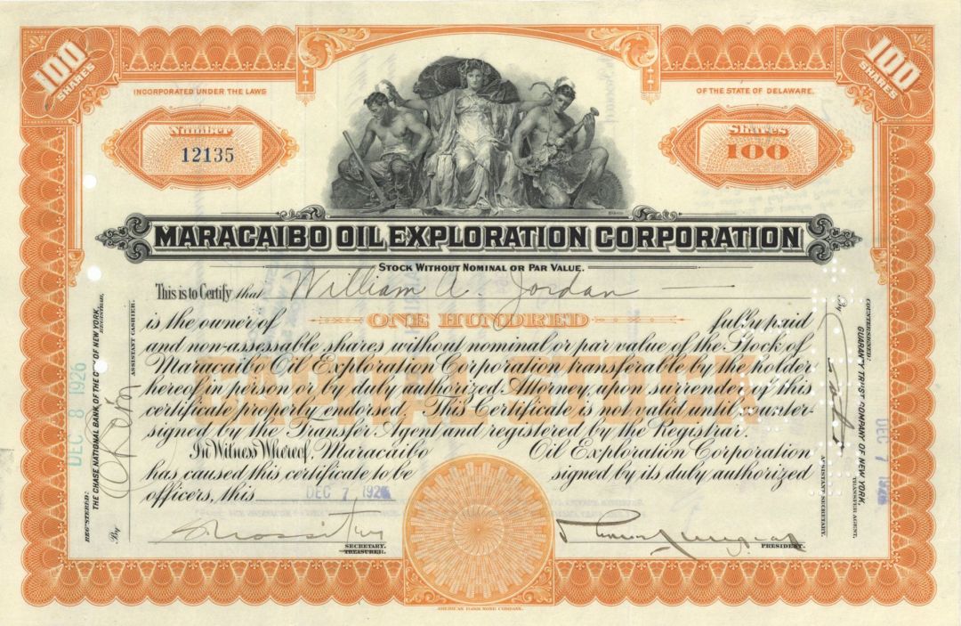 Maracaibo Oil Exploration Corp. - dated 1920's-30's Oil Stock Certificate - Maracaibo Basin in Venezuala