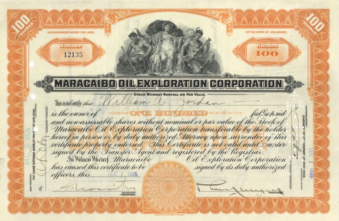 Maracaibo Oil Exploration Corp. - 1920's-30's dated Oil Stock Certificate - Maracaibo Basin in Venezuala