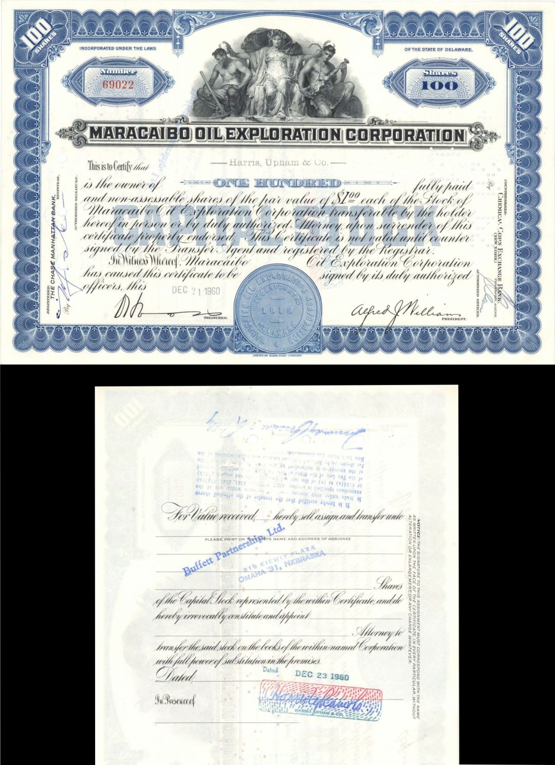 Maracaibo Oil Exploration Corp. Transferred to Buffet Partnership, Ltd. - dated 1940's-60's Oil Stock Certificate - Maracaibo Basin in Venezuala