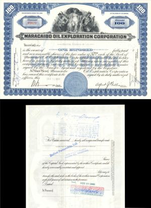Maracaibo Oil Exploration Corp. Transferred to Buffett Partnership, Ltd. - 1940's-60's dated Oil Stock Certificate - Maracaibo Basin in Venezuala