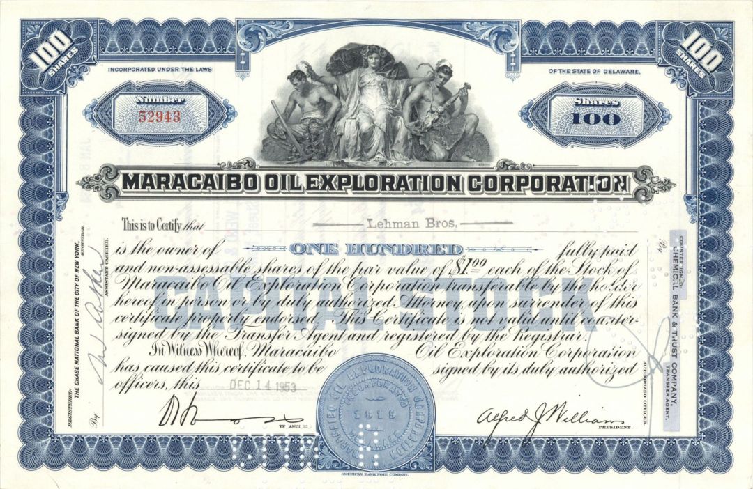 Maracaibo Oil Exploration Corp. Issued to Lehman Bros. - dated 1953-59 Oil Stock Certificate - Maracaibo Basin in Venezuala