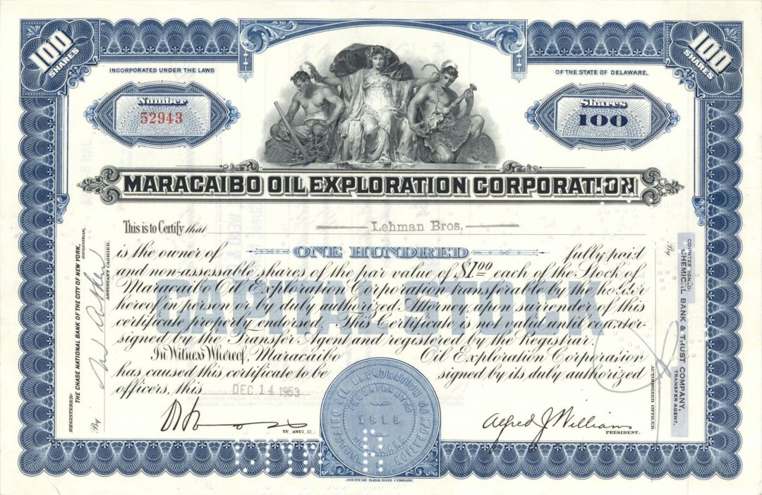 Maracaibo Oil Exploration Corp. Issued to Lehman Bros. - 1953-59 dated Oil Stock Certificate - Maracaibo Basin in Venezuala