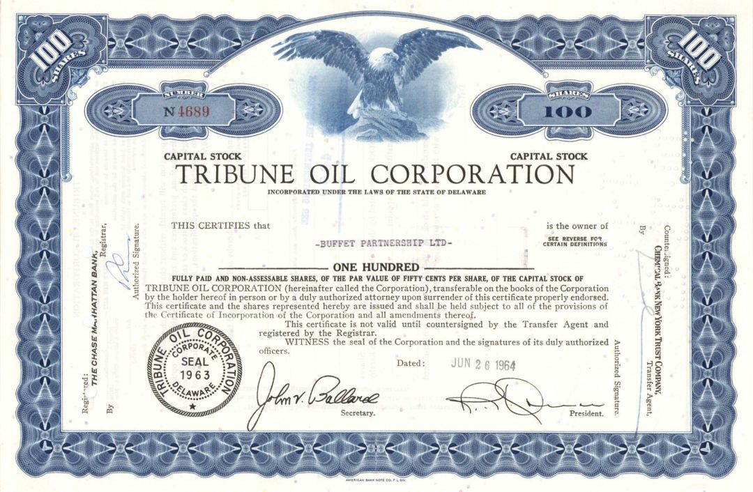 Tribune Oil Corp. Issued to Buffet Partnership Ltd - 1964 dated Oil Stock Certificate