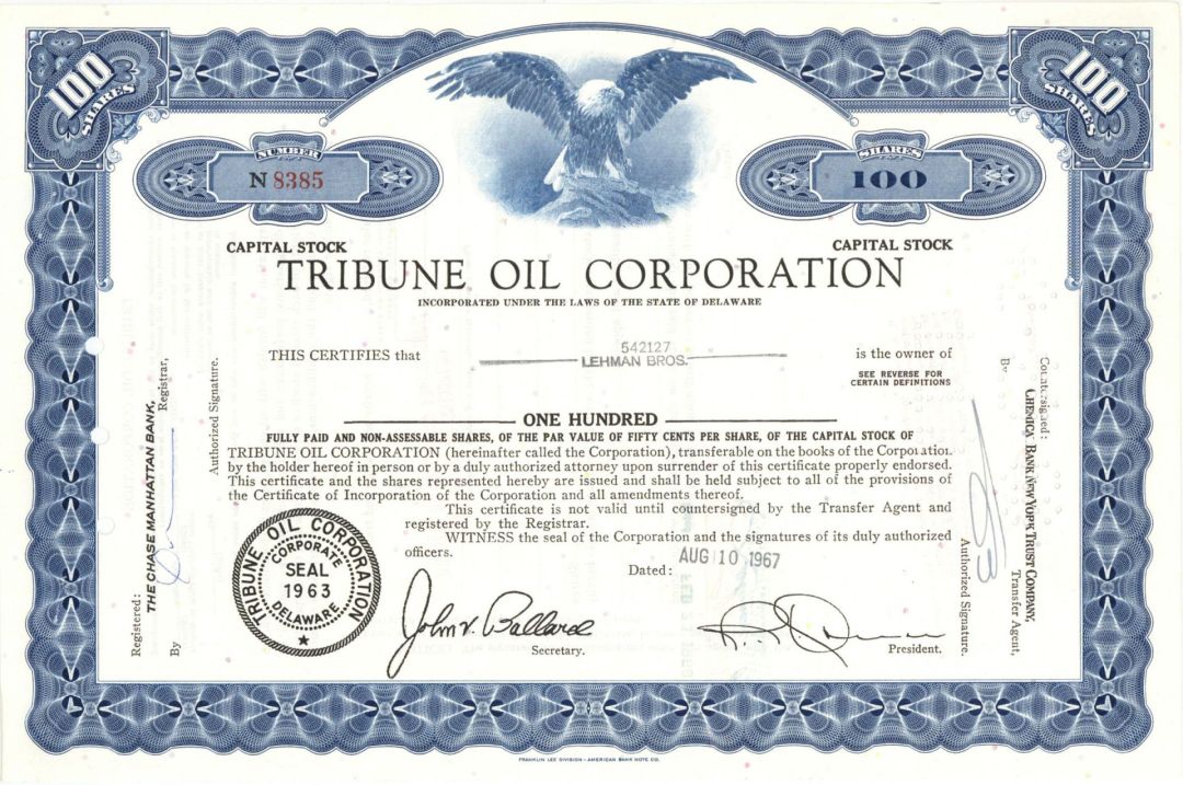 Tribune Oil Corp. Issued to Lehman Bros. - 1967 dated Oil Stock Certificate