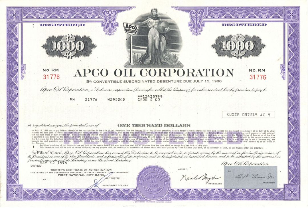 Apco Oil Corporation - 1970's dated $1,000 Bond
