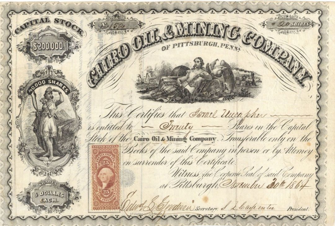 Cairo Oil and Mining Co. of Pittsburgh, Penn. - 1864 dated Stock Certificate (Uncanceled)