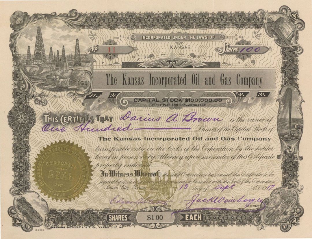 Kansas Incorporated Oil and Gas Co. - 1917 dated Stock Certificate (Uncanceled) - Kansas City, Kansas