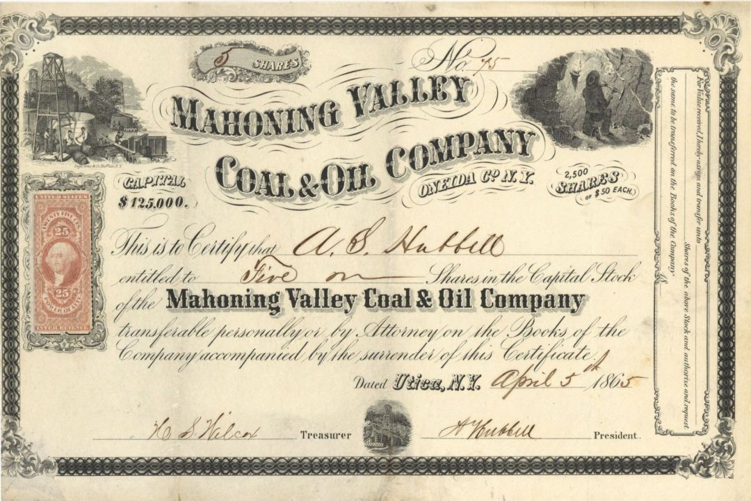 Mahoning Valley Coal and Oil Co. - 1865 dated Stock Certificate (Uncanceled)