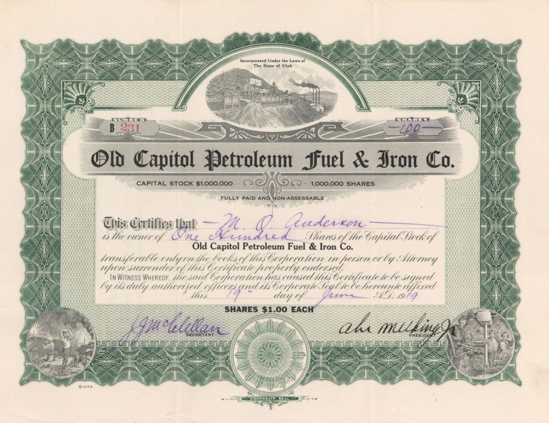 Old Capitol Petroleum Fuel & Iron Co. - 1919 dated Stock Certificate (Uncanceled)
