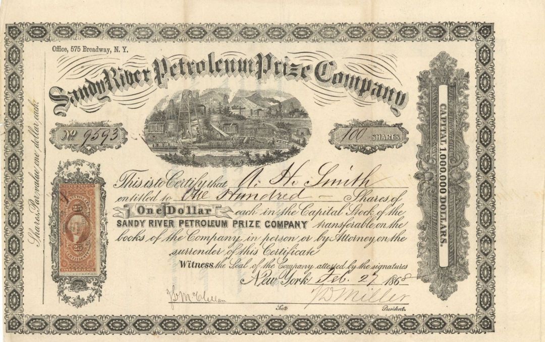 Sandy River Petroleum Prize Co. - 1868 dated New York Oil Stock Certificate (Uncanceled) - Mentions 575 Broadway, New York, New York