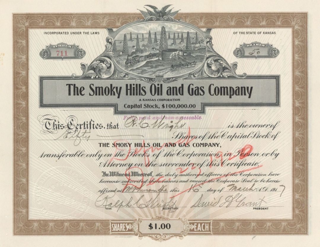 Smoky Hills Oil and Gas Co. - 1917 dated Stock Certificate (Uncanceled)