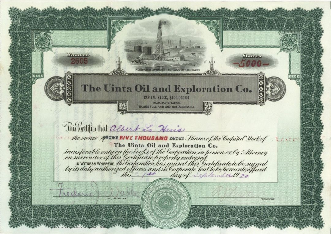 Uinta Oil and Exploration Co. - 1919 or 1920 dated Stock Certificate (Uncanceled)